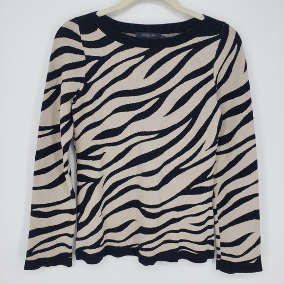 Ann Taylor Zebra Print Sweater XSP Seasonless Yarn Boat Neck Tan Black - Picture 2 of 8